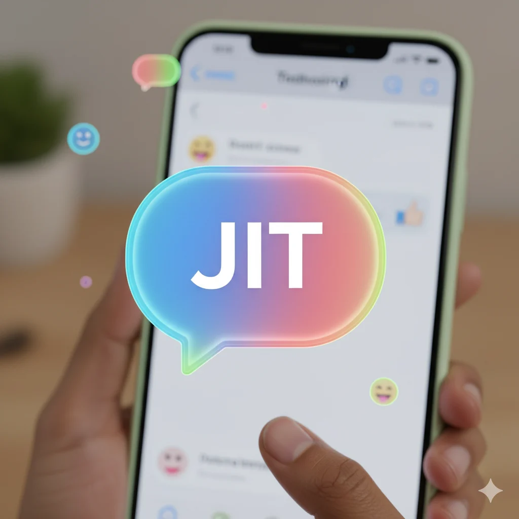 Illustration showing JIT used in text conversation as casual slang for a young person.