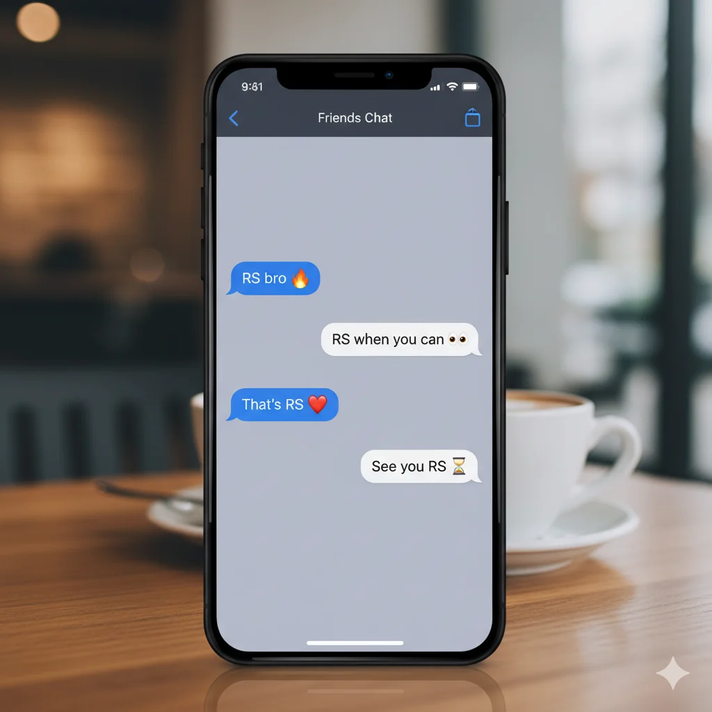 Chat examples showing multiple meanings of RS like “Real Sh*t,” “Reply Snap,” and “Real Sweet.”