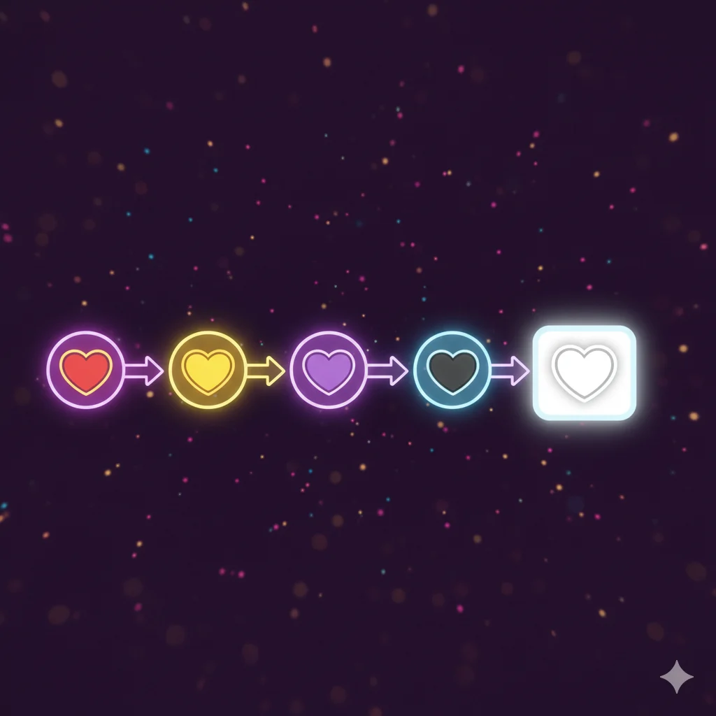Timeline showing evolution of heart emojis ending with the white heart 🤍 introduced in 2019.