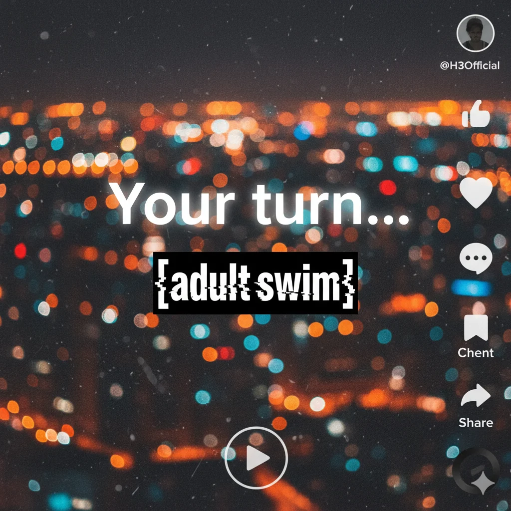 TikTok-style minimalist video with Adult Swim text over cityscape.