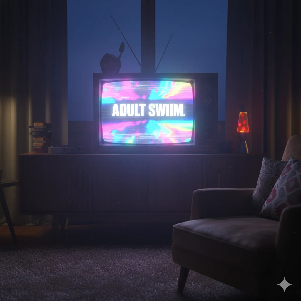 Retro television showing Adult Swim logo in a dimly lit room.