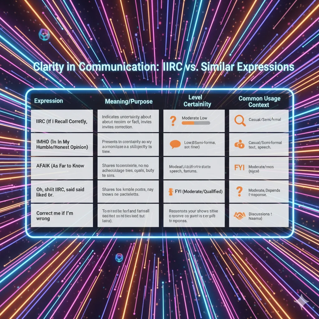Comparison chart showing the difference between IIRC and phrases like AFAIK or I Think.