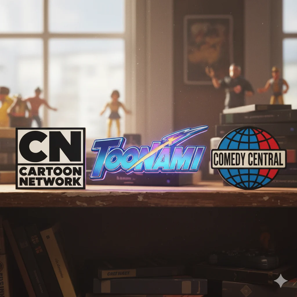 Retro TV network logos including Toonami, Comedy Central, and Adult Swim.