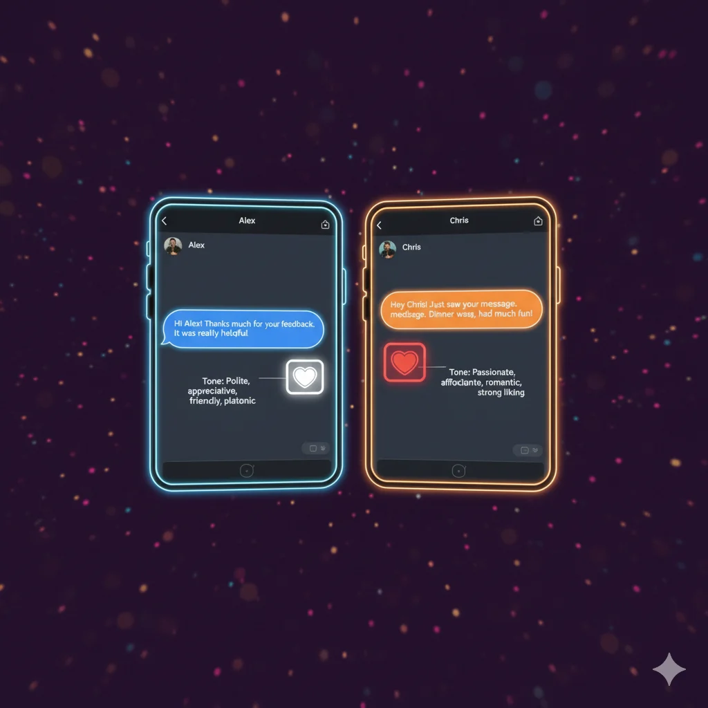 Comparison of text messages using white heart 🤍 and red heart ❤️ to show calm versus romantic meaning.
