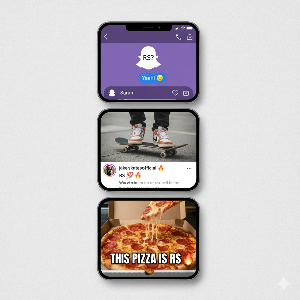 Collection of examples showing how RS is used on Snapchat, TikTok, and memes in various tones.