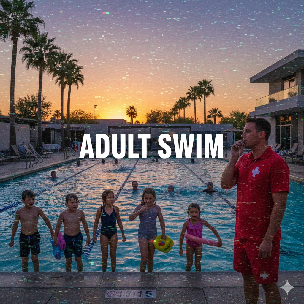 Lifeguard signaling adult swim time with Cartoon Network logo overlay.