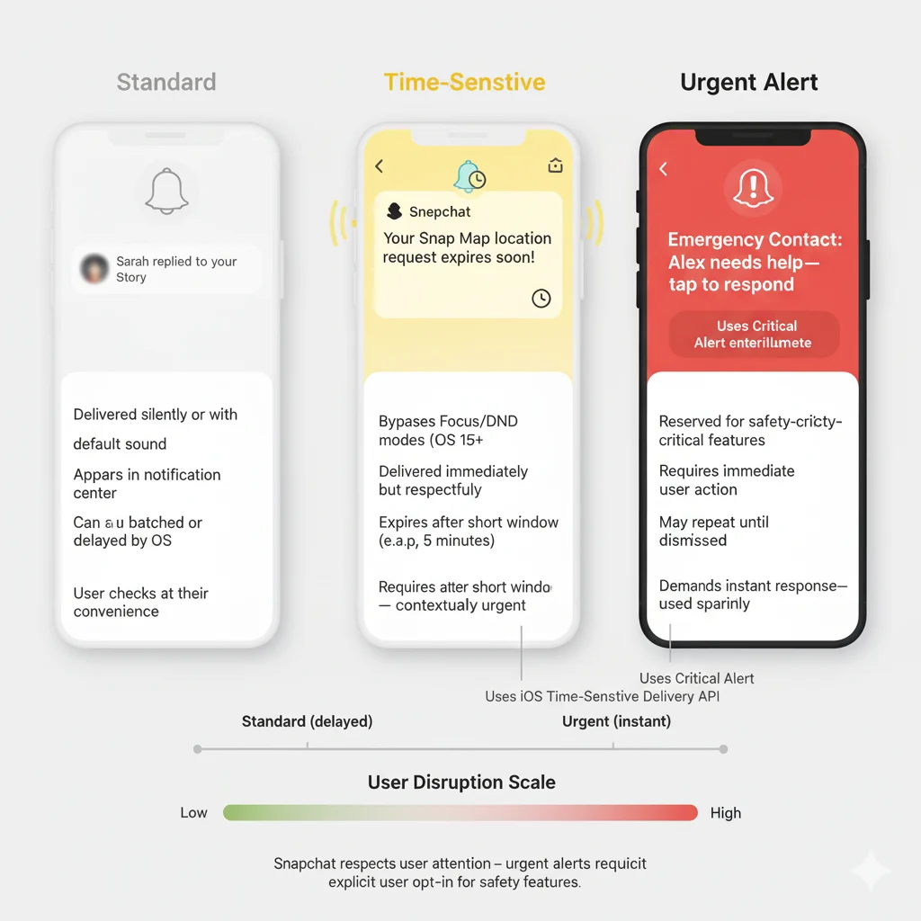 Illustration showing the differences between Time Sensitive and other types of Snapchat notifications.