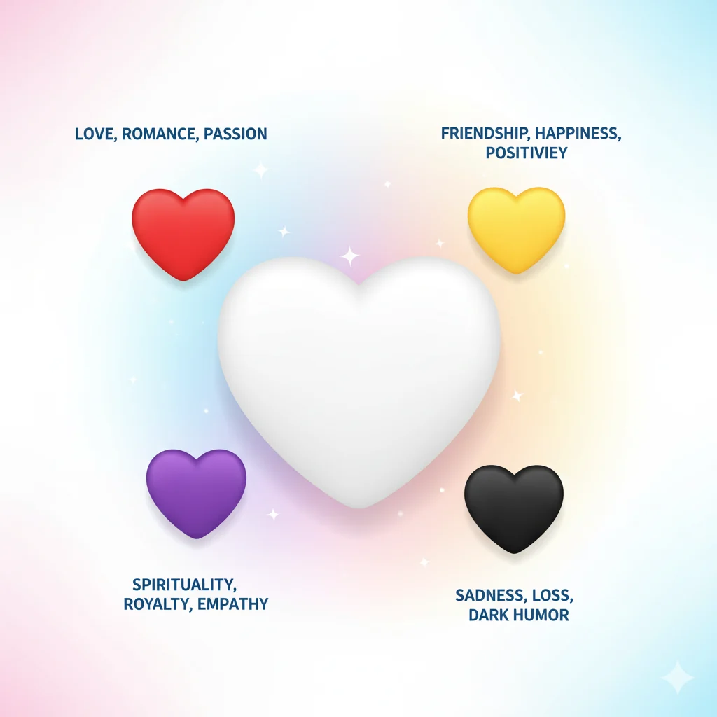 White heart emoji surrounded by colorful hearts showing different emotional meanings like love, friendship, and purity.