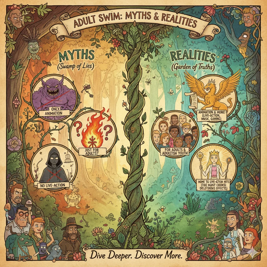 Visual showing misconceptions about Adult Swim and their corrections.