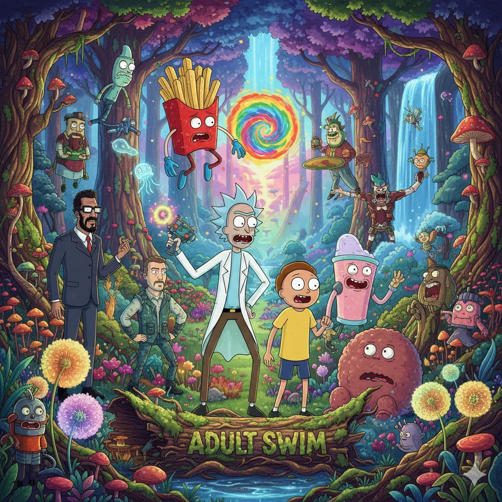 Collage of characters from popular Adult Swim TV shows.