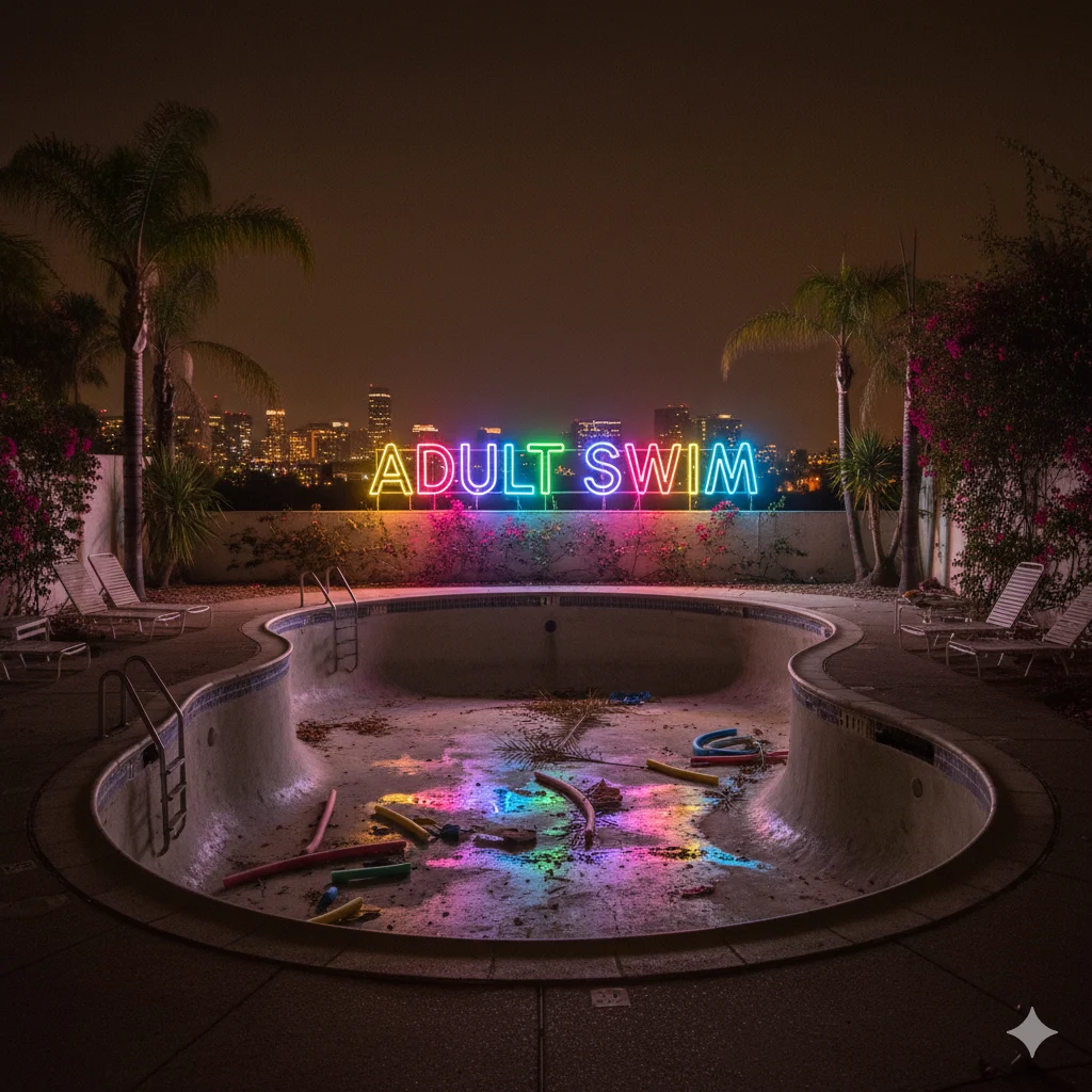 Empty pool at night lit by neon Adult Swim logo, symbolizing nostalgia.