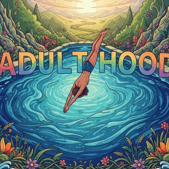 Person swimming into deeper pool symbolizing adulthood.