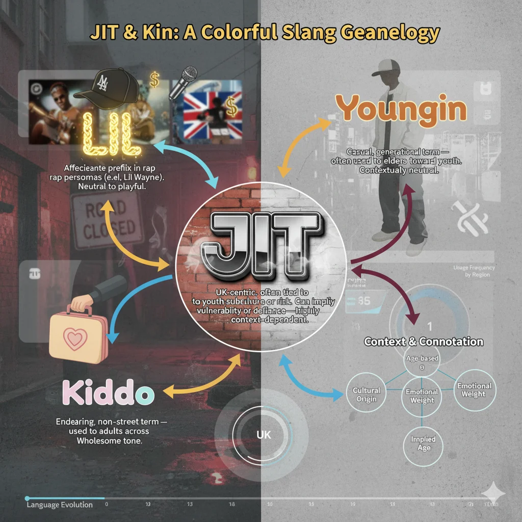 Infographic showing JIT and similar slang words with usage contexts.