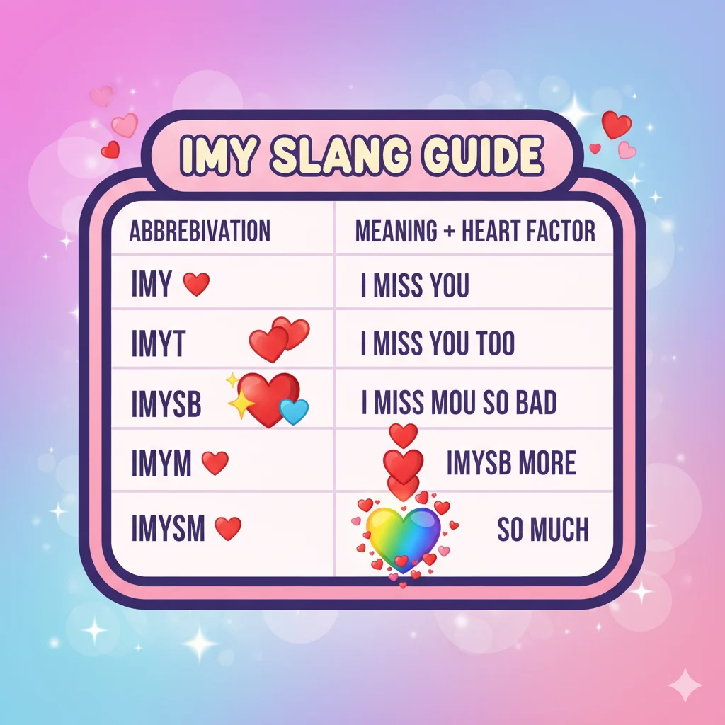 IMY abbreviation variations table with heart emojis