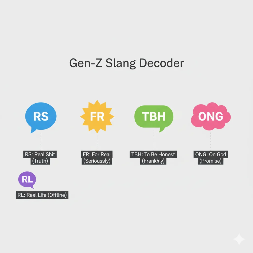Visual table showing RS and related slang abbreviations with examples for comparison.