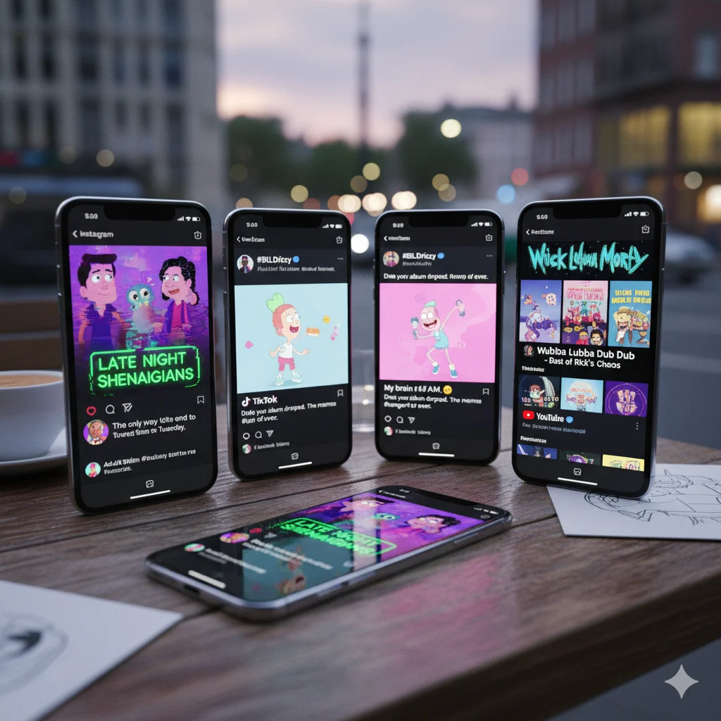 Social media collage showing Adult Swim edits on TikTok, Instagram, and Twitter.